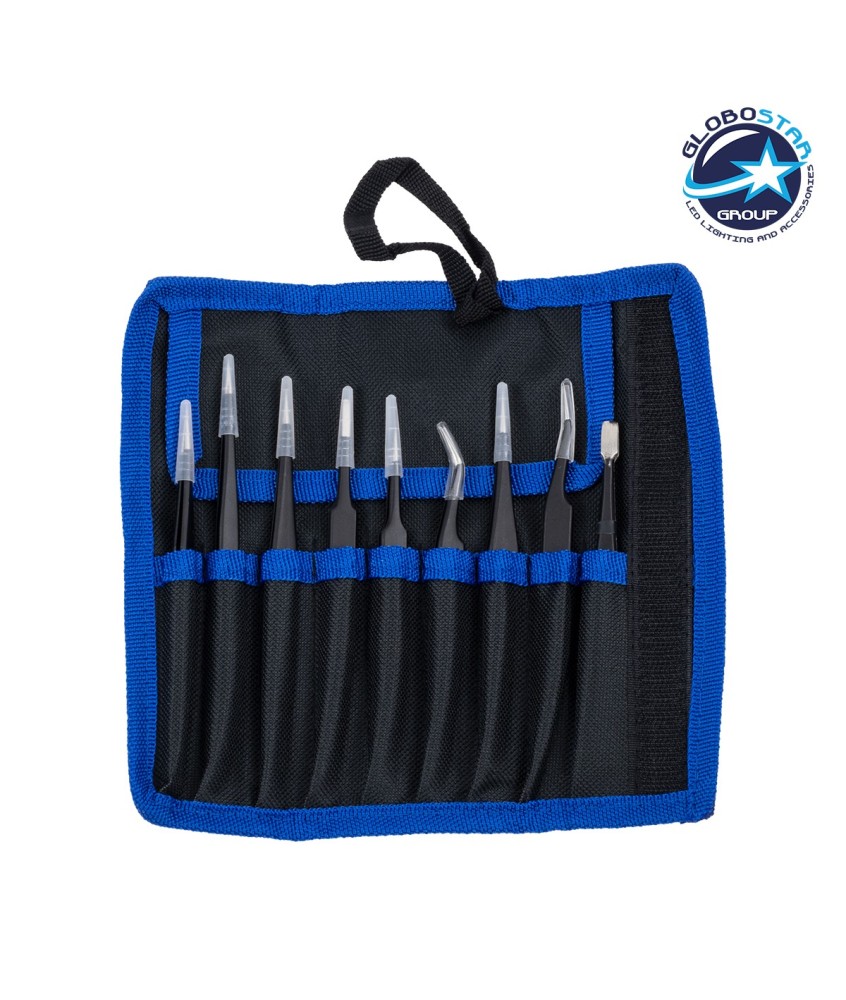 GloboStar® 79997 Επαγγελματικό Mini Σετ Λαβίδων - Τσιμπίδων - Tweezers 9 Τεμαχίων σε 1 DIY Tool Kit Υψηλής Αντοχής Stainless Steel Μαύρο Μ19 x Π2.5 x Υ19cm